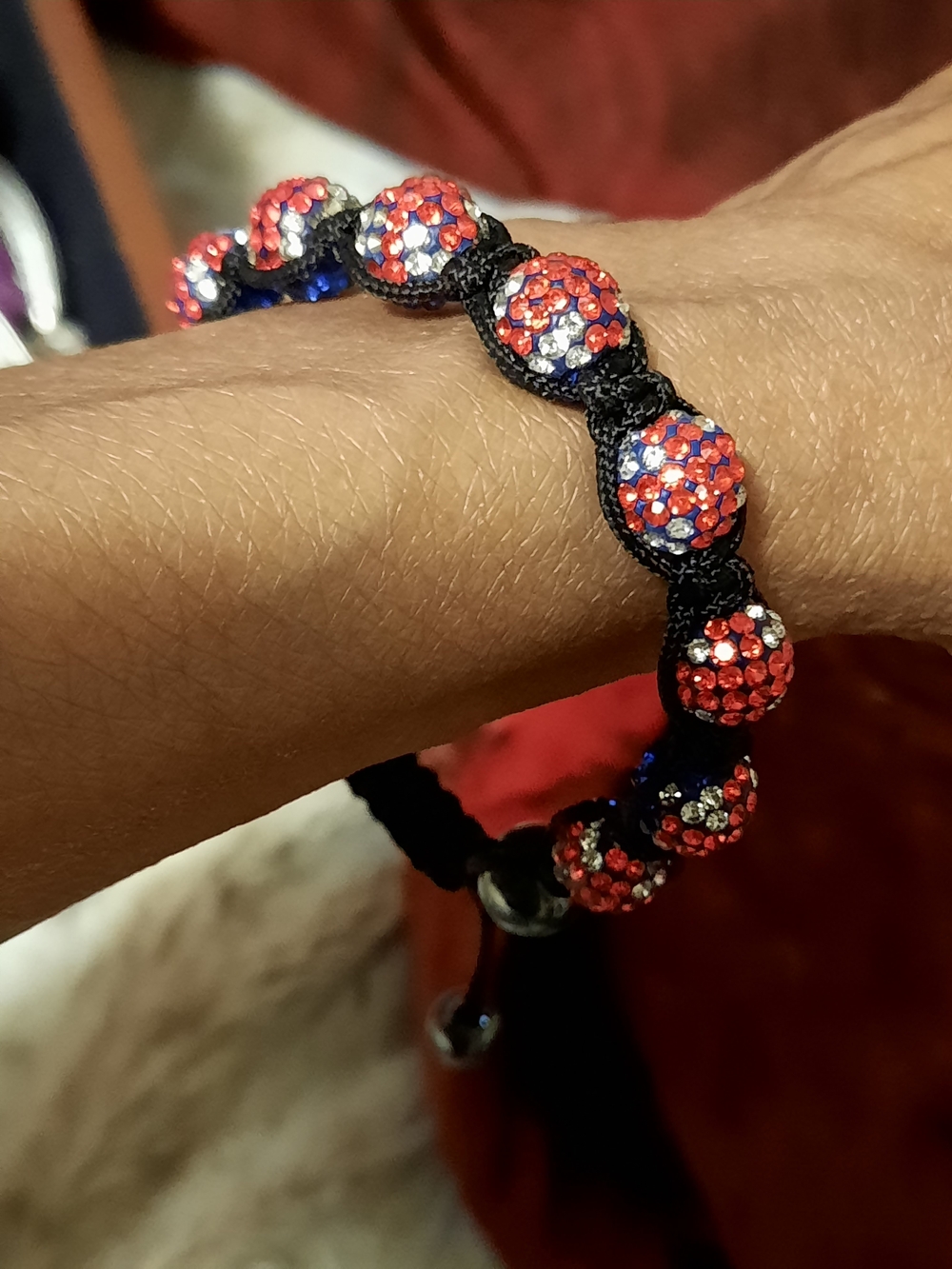 New Reversible Red White Crystal Beaded Macramé Bolo Bracelet Black Cord Blue